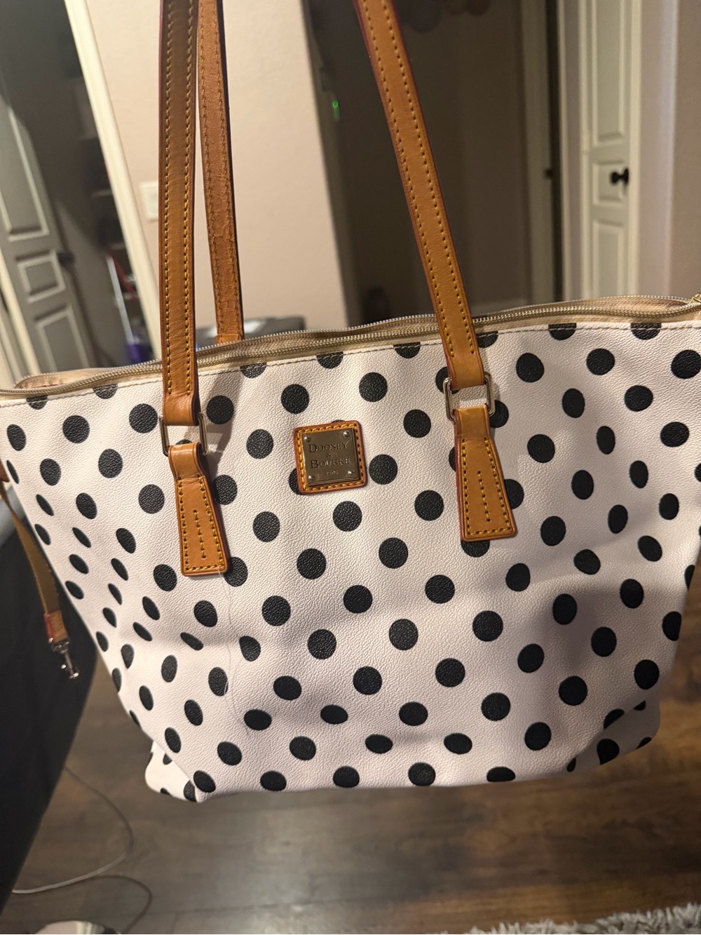 Dooney & Bourke White and Black Polka Dot Tote with Tan Trim